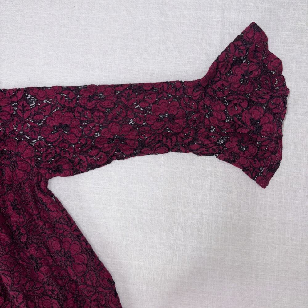 Retro Glam Illusion Lace Floral Holiday Cocktail Dress Burgundy Black 10 - Picture 14 of 15
